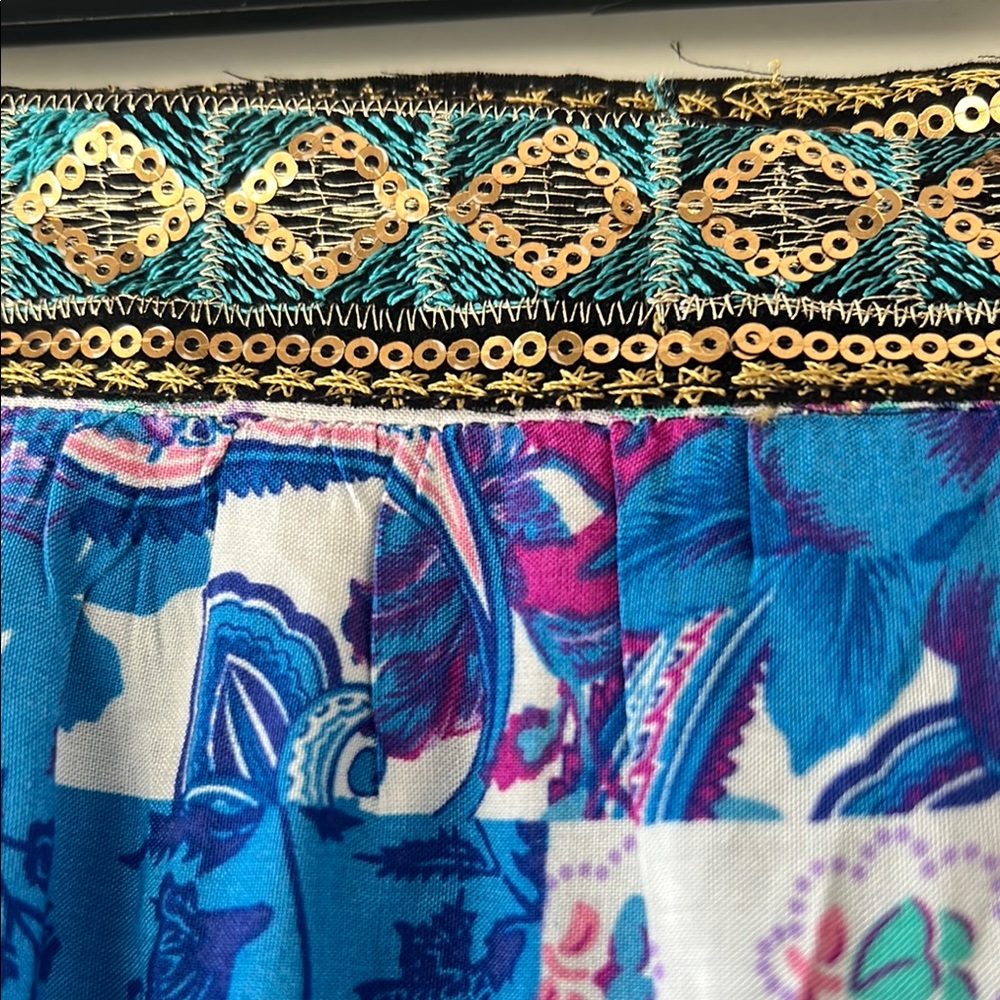 Rusttydustty Boho Blue Patchwork Maxi Skirt XL Embellished Waistband Festival EU - Picture 8 of 11